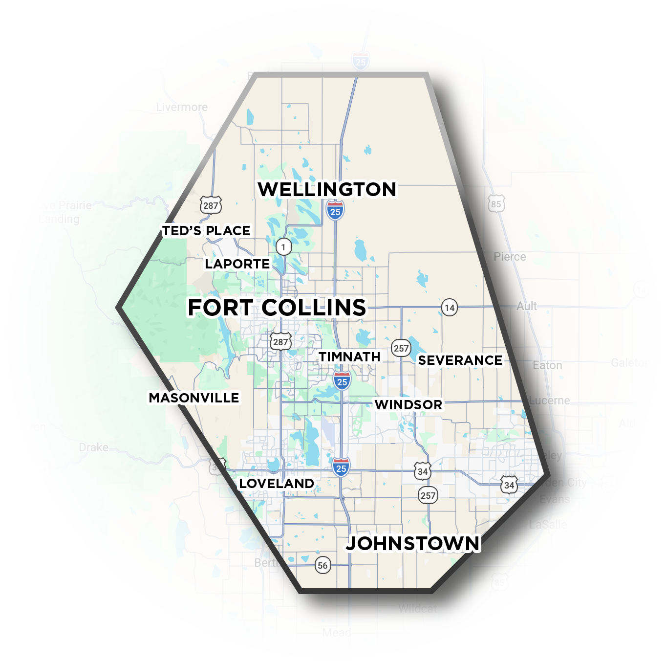 Map of Castro's Landscaping service area across Northern Colorado including Fort Collins, Wellington and Johnstown